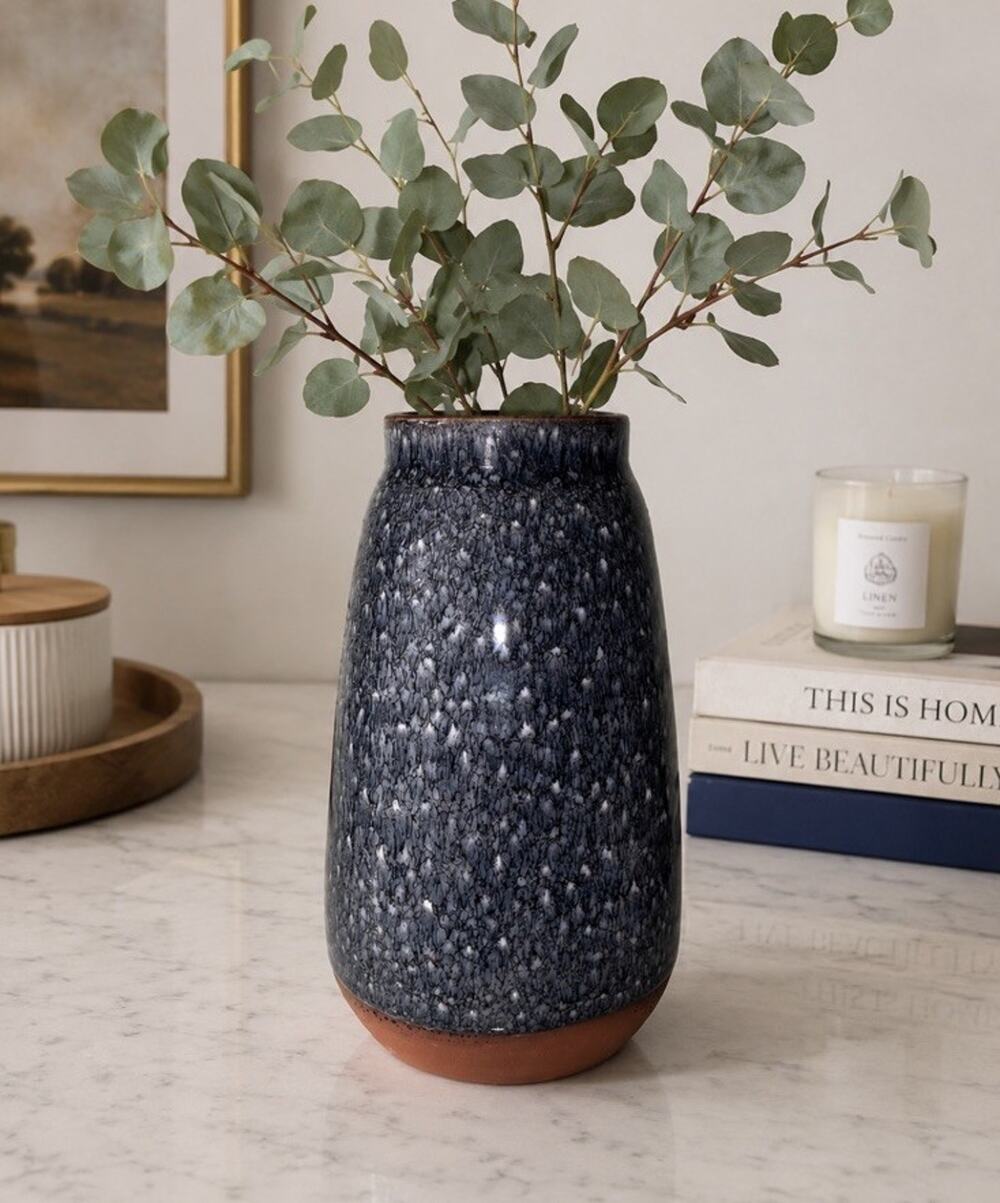 REJUVENATION Pottery Terracotta Vase Blue Gray Speckled Glaze
